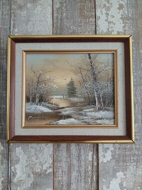 Vintage Wood Framed Winter Landscape Paint With Linnen - Neutral Tones